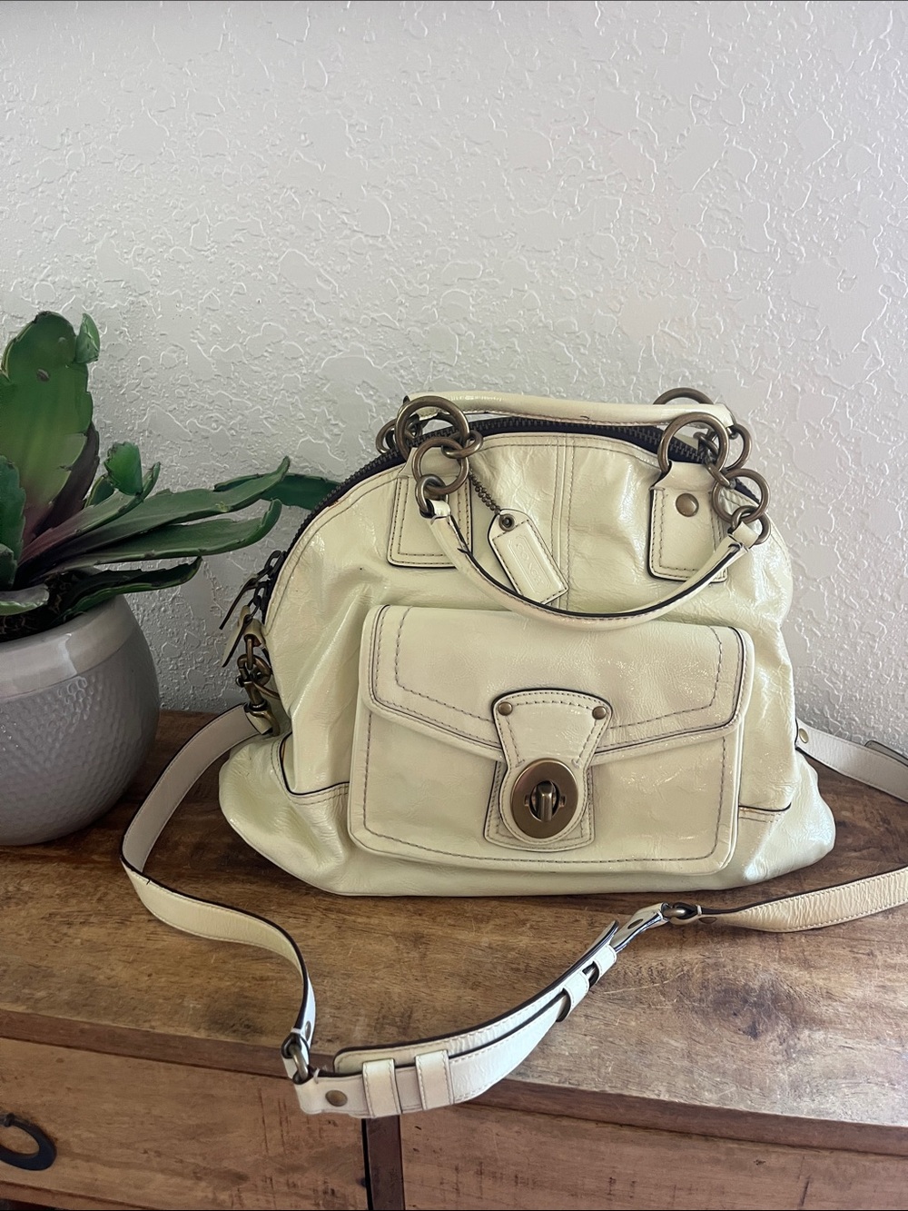 Cream Leather Satchel Handbag - Women Bags